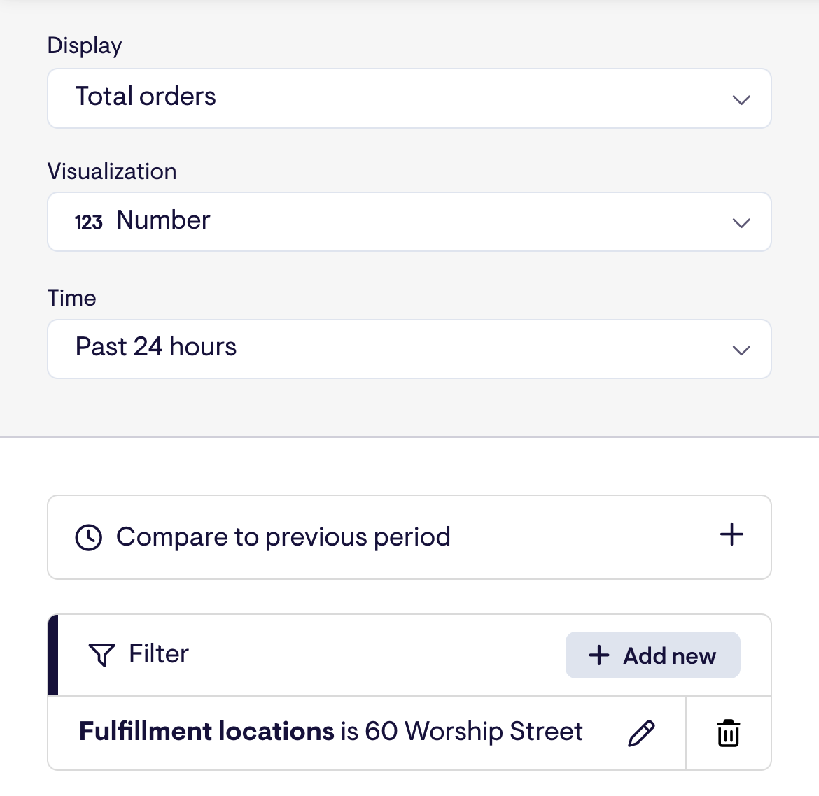 A widget’s configuration options, set to display total orders as a number over the past 24 hours, filtered to one fulfillment location