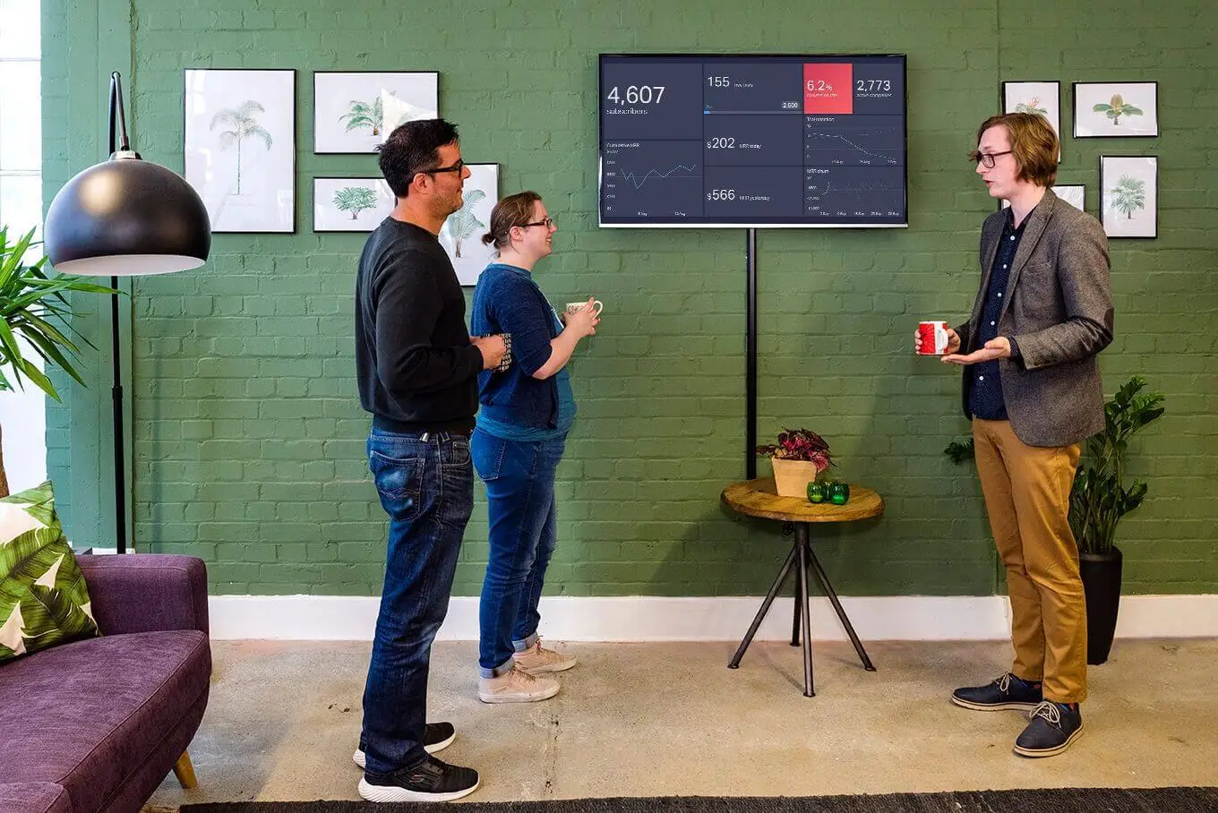 Team looking at a TV dashboard in an office