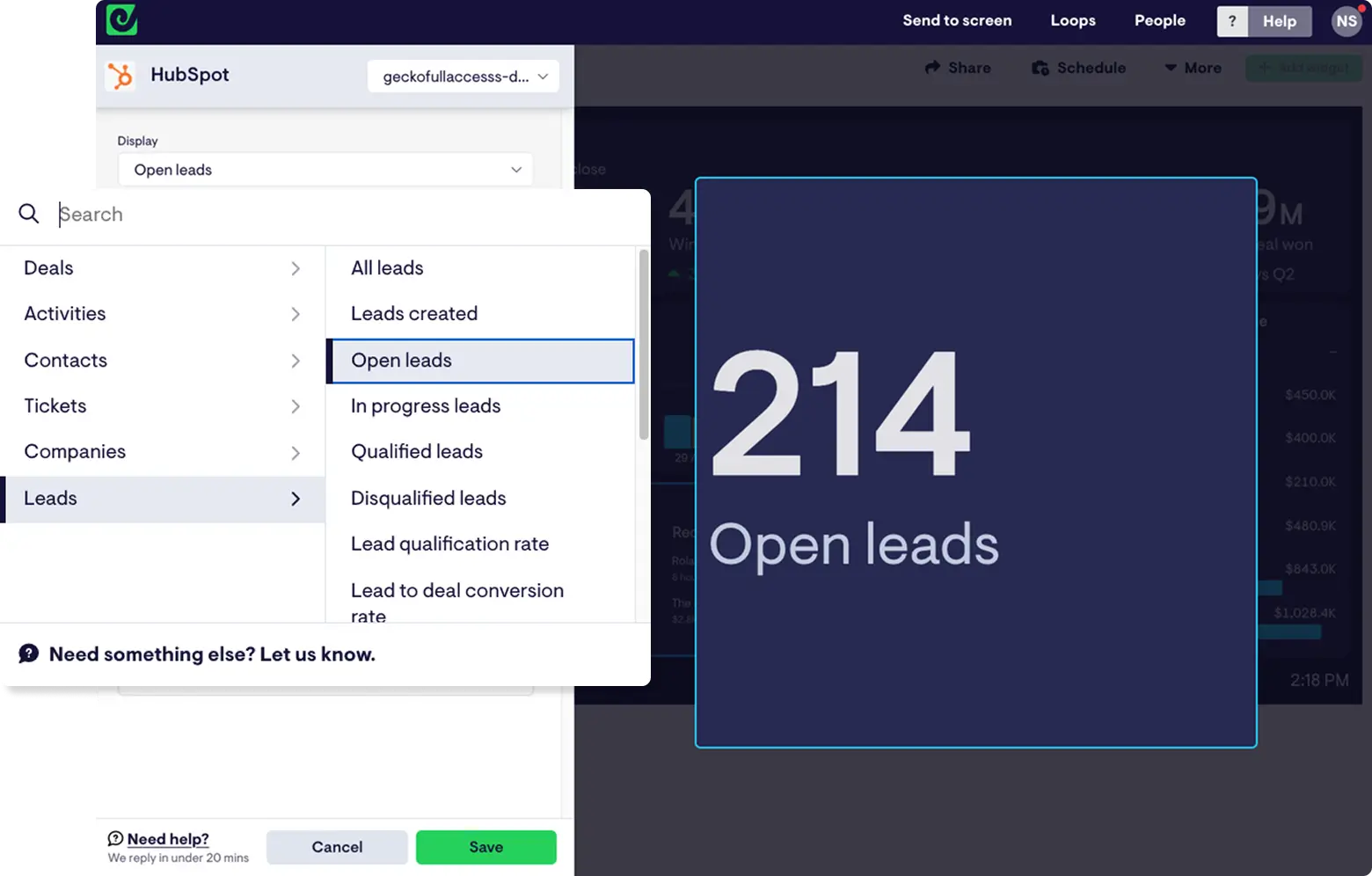 HubSpot integration configuration showing open leads metrics in Geckoboard