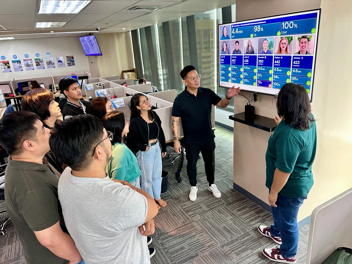 Woolworths MarketPlus agents in Manila reviewing a live team performance dashboard on their office TV