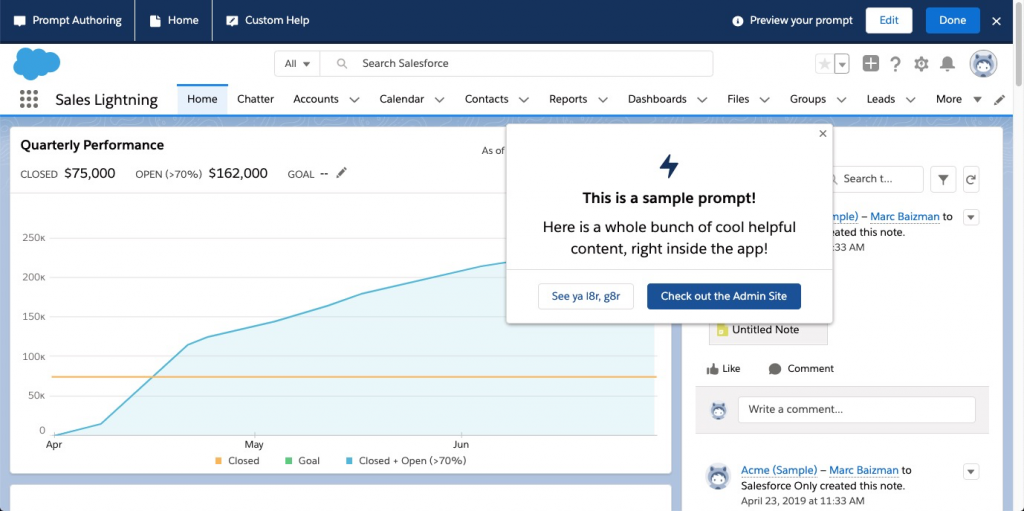 Sample Salesforce in-app prompt
