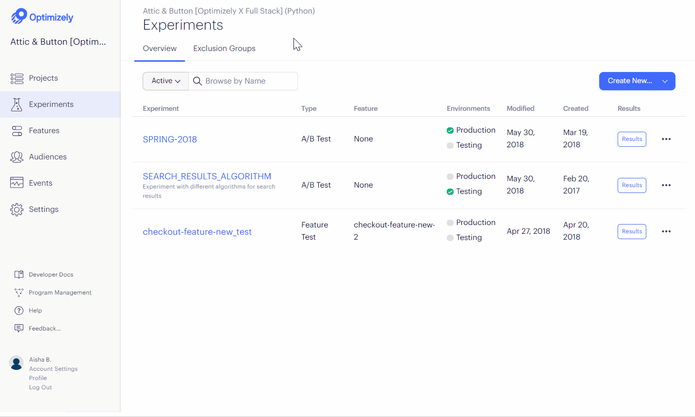 Optimizely experiment dashboard