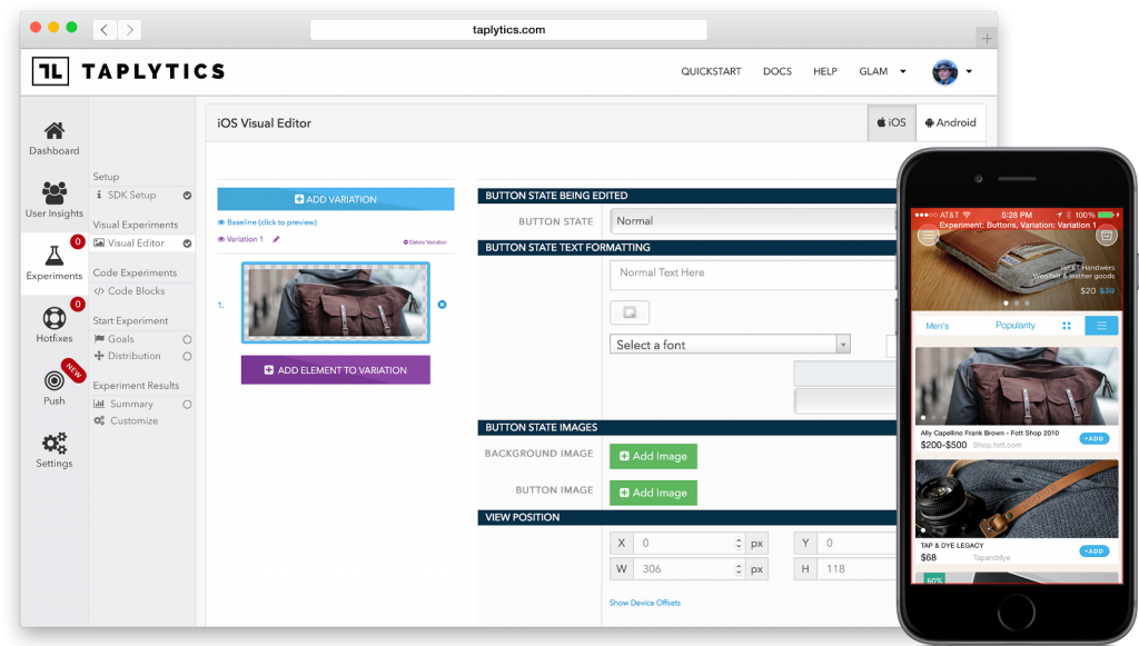 Taplytics dashboard