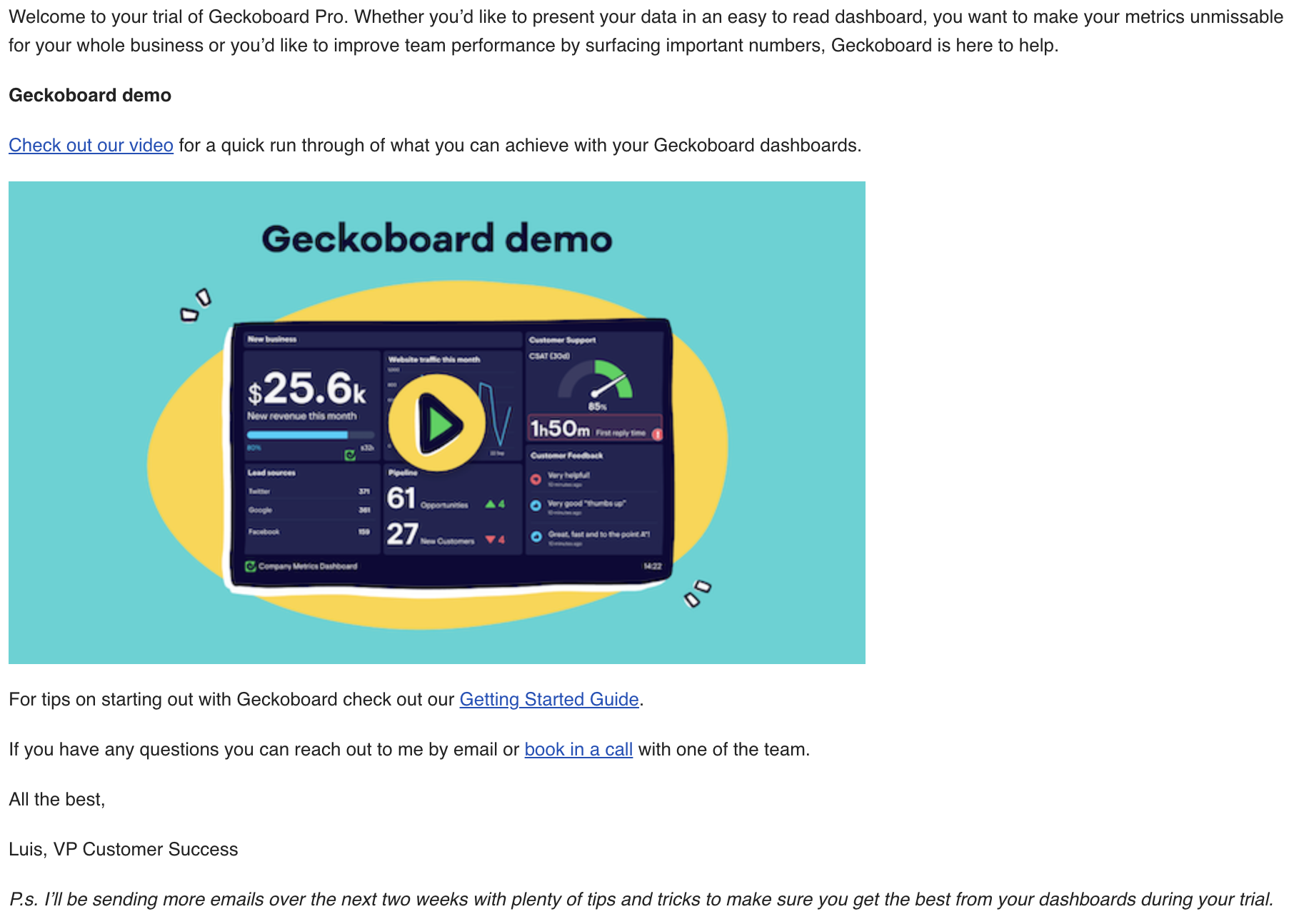 Example onboarding email from Geckoboard