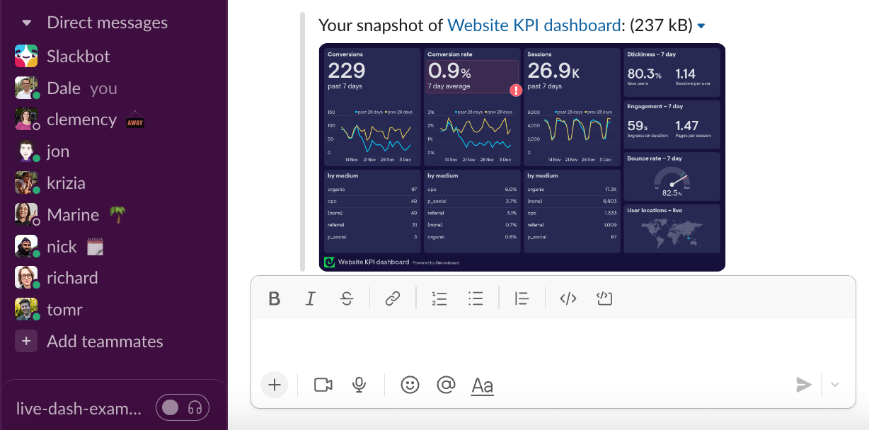 Screenshot of a dashboard snapshot in Slack