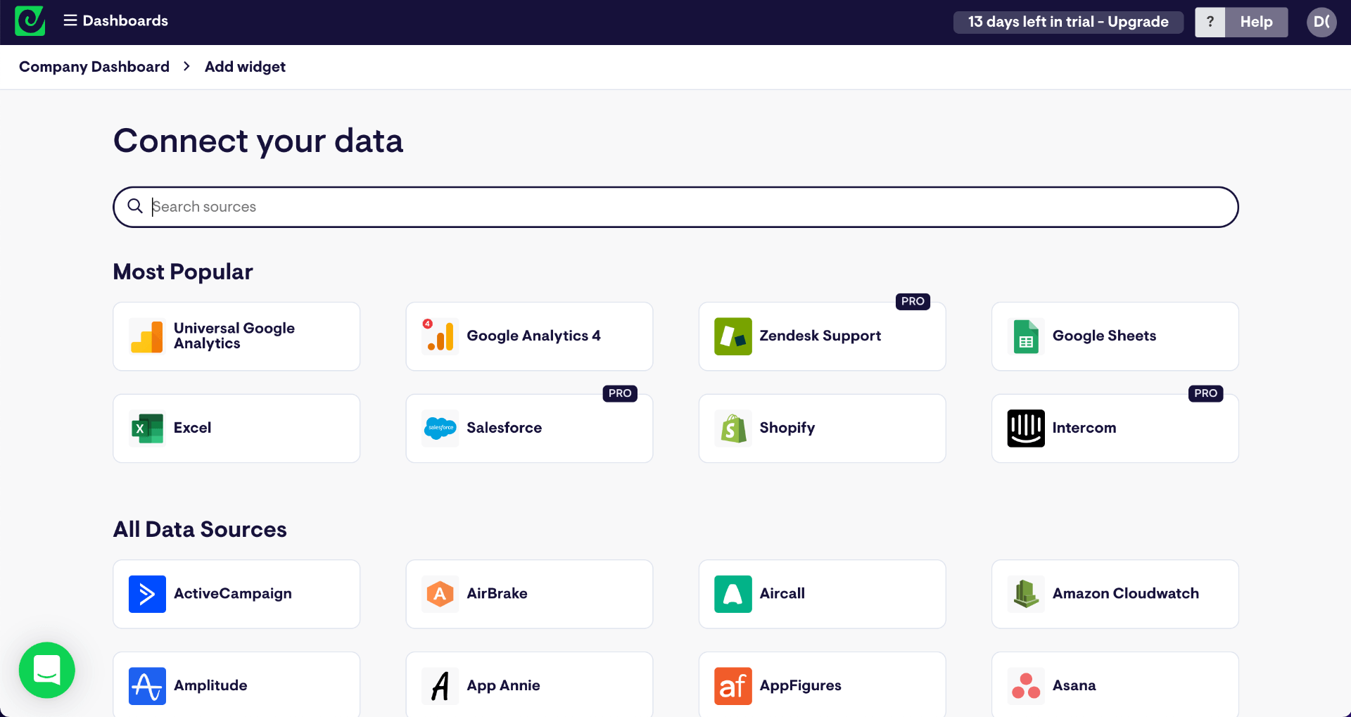 Geckoboard data source connection screen