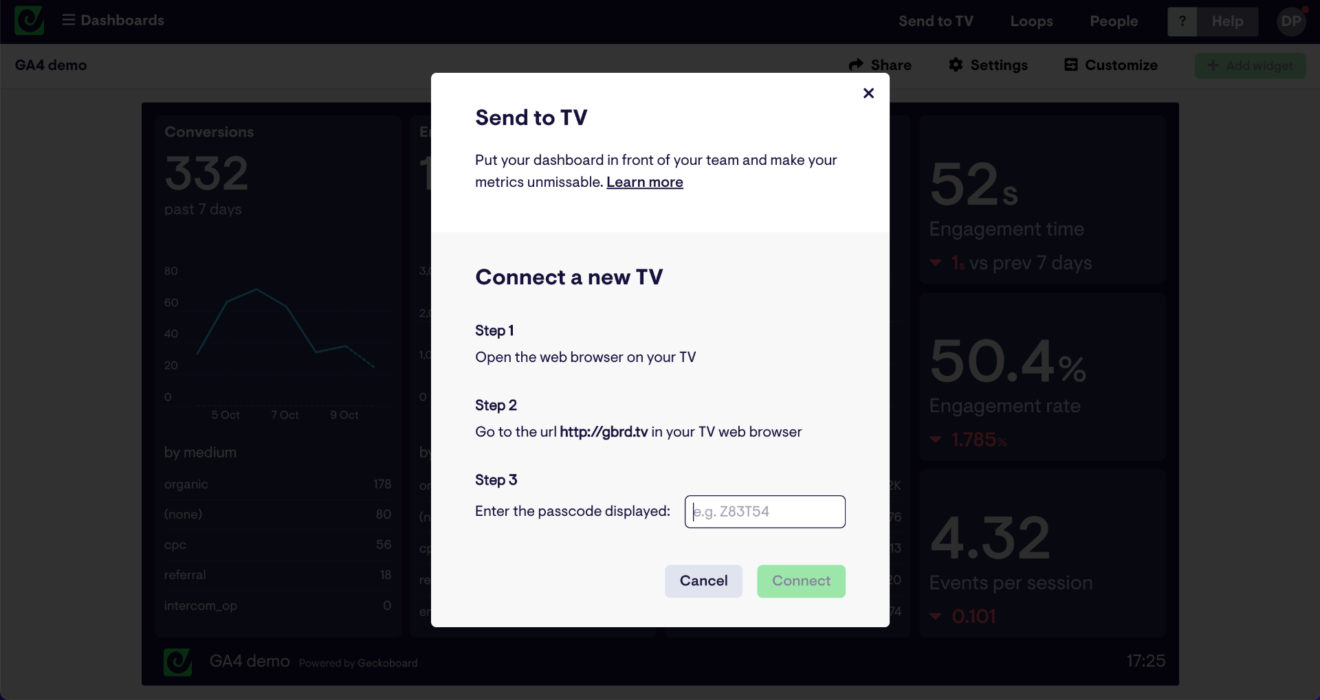 Sned to TV screen menu in Geckoboard