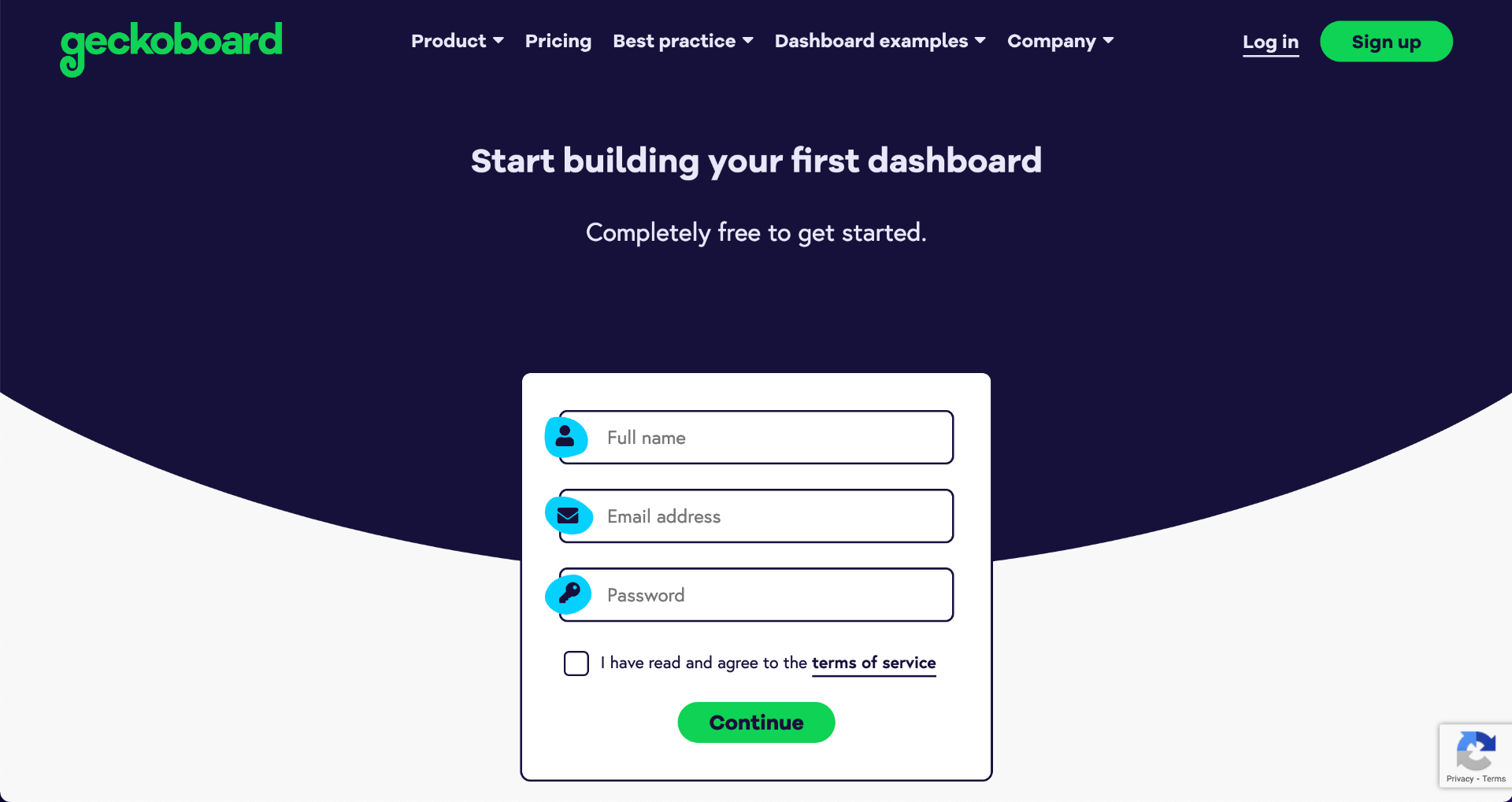 Screenshot of the Geckoboard signup page