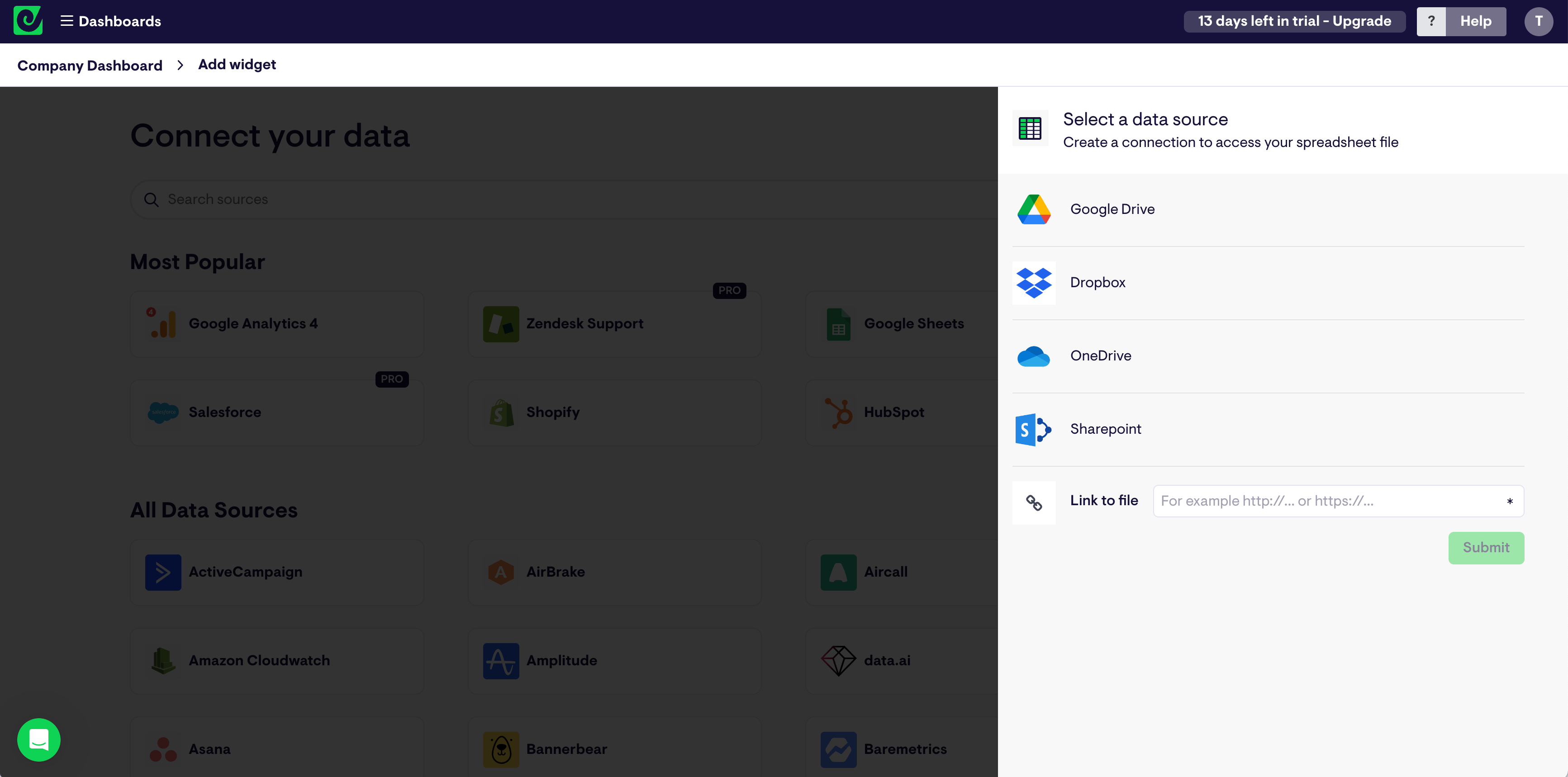 Google sheets connection screen