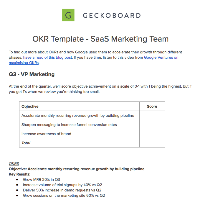 Marketing OKR Template Examples